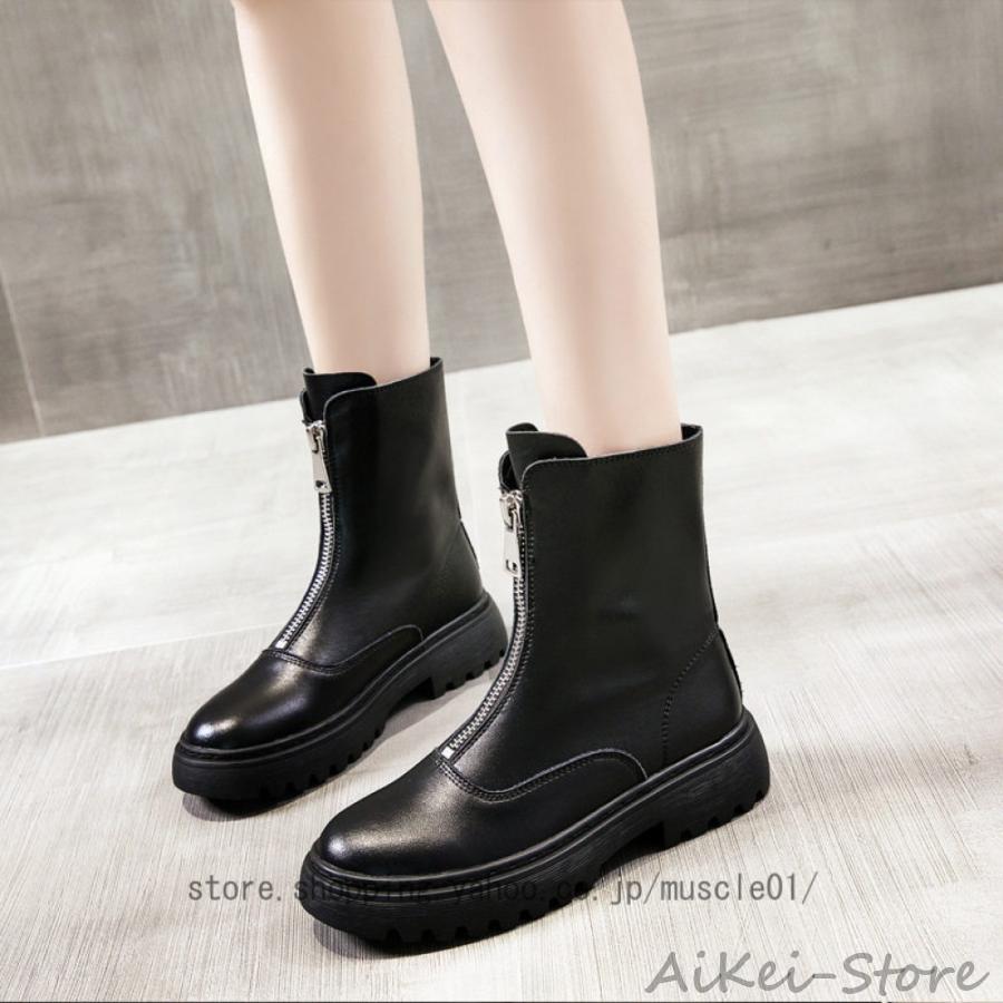 フロントジップ ブーツ レディース ショートブーツ 厚底 歩きやすい 履きやすい トラックソール ショートブーツ ブーツ レディース フロントジップ 靴