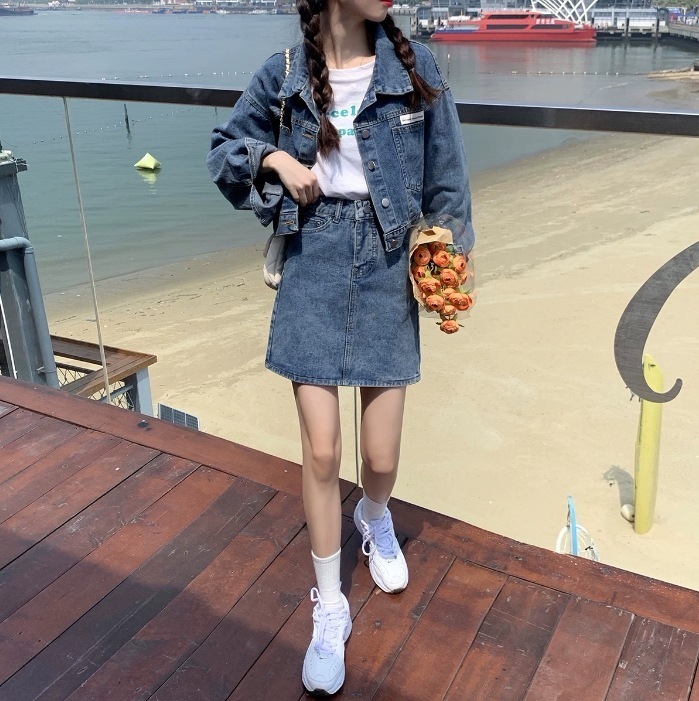 スカート アウター Gジャン 上着 ミニスカート デニムスカート ジャンパースカート ジャンスカ ミニ ミニ丈 袖あり 長袖 襟付き ポロカラー ポケット デニム 上下セット 2点セット かわいい