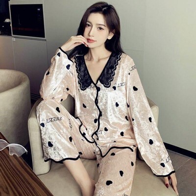 セットアップ ナイトウェア パジャマ ロング丈 袖あり 長袖 Vネック 襟付き フリル ツーピース かわいい 可愛い きれいめ シンプル カジュアル 上品 おしゃれ かっこいい 可愛い