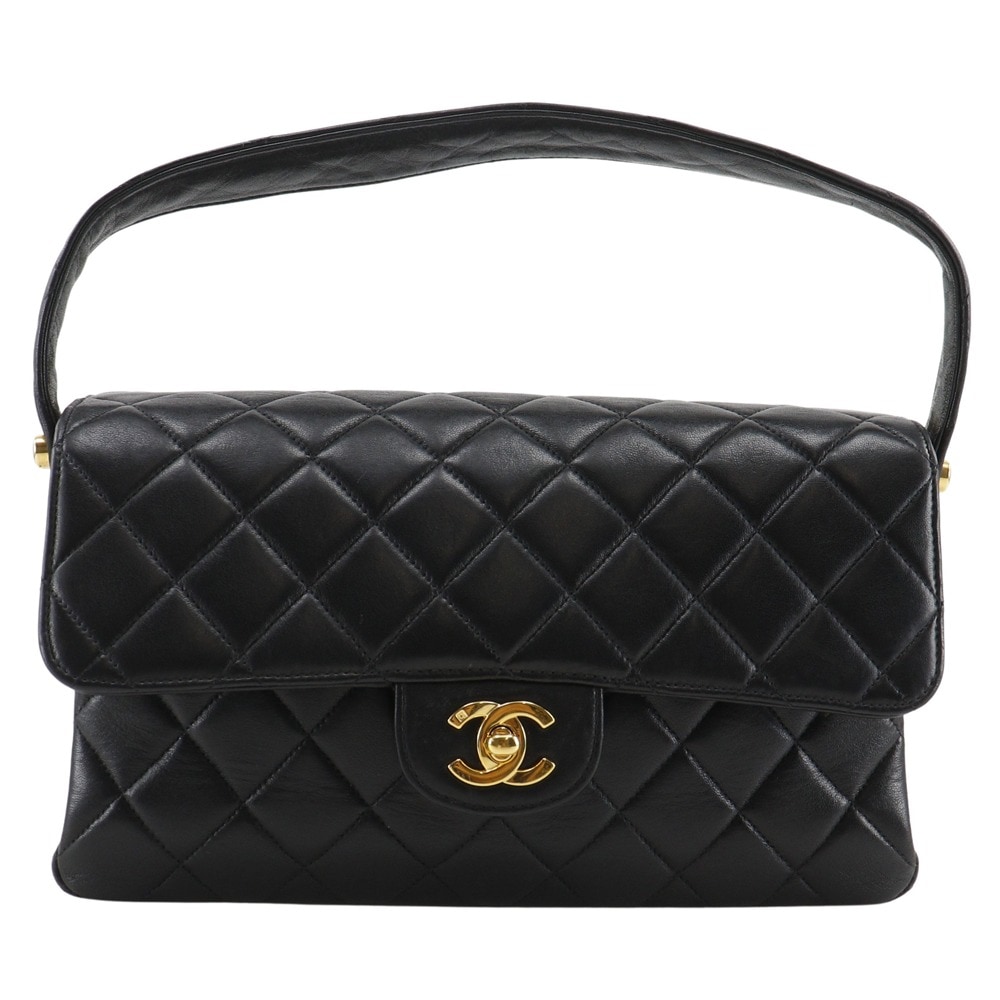 ダブルフェイス マトラッセ ハンドバッグ ラムスキン 黒 レディース 中古品