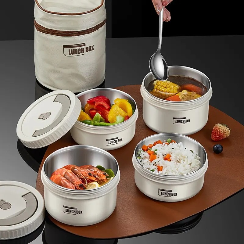 ランチボックス ポータブル 断熱ランチコンテナセット 積み重ね可能な弁当 ステンレススチールランチコンテナ