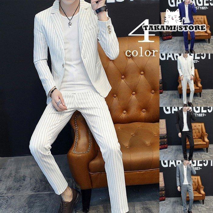 【3日間発送】カジュアル メンズ セットアップ サマー おしゃれ サマージャケット テーラード 長袖 スキニーパンツ 上下 紳士服 ストライプ