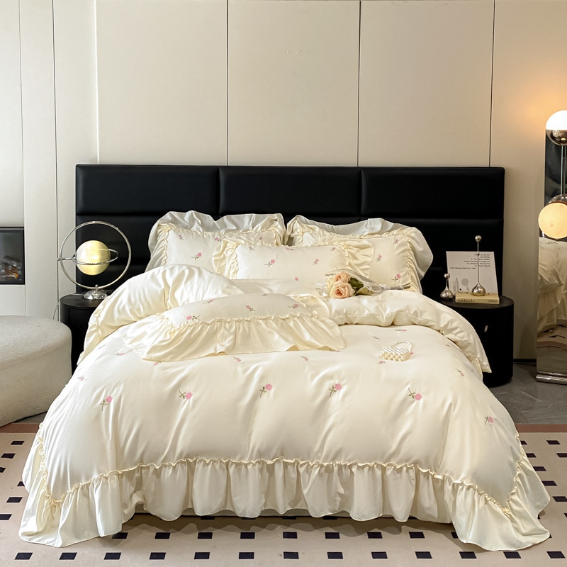 シーツ 水洗い アイスシルク 4点セット フレンチスタイル ロマンティック プリンセス風 寝具 重厚感 刺繍 シーツ ベッドカバー
