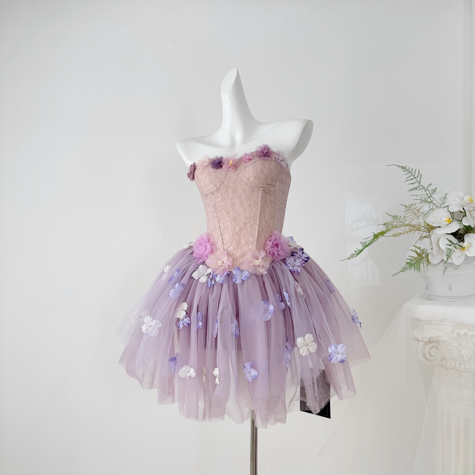 レディース パープル霧仙子フェアリー甘め立体花朵鱼骨ウエストマークA字ボリュームワンピースプリンセス裙