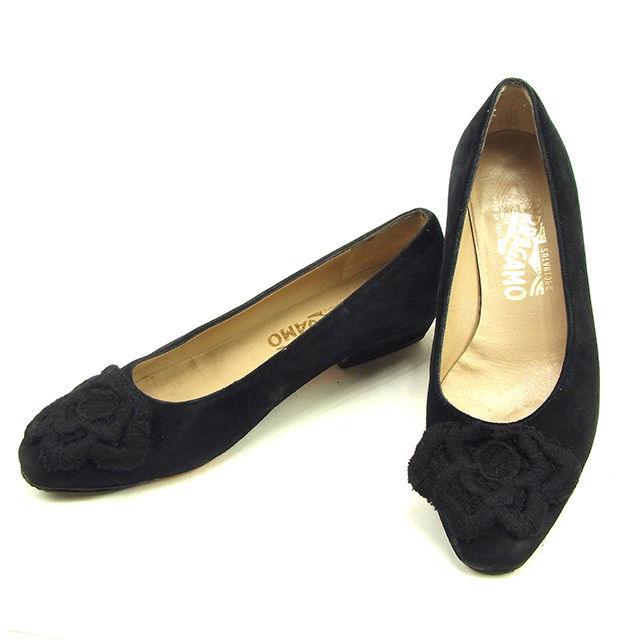 パンプス シューズ 靴 フラワーモチーフ 5ハーフC ブラック 中古