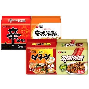 辛ラーメン120g x 5p + 安城湯麺125g x 5p + ピリ辛タヌキ120g x 5p + ジャパゲティ140g x 5p 1セット