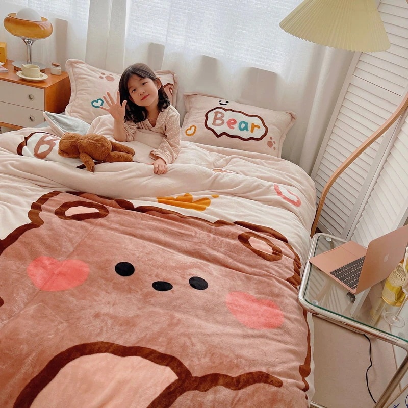 布団布団セット厚手の漫画コーラルフリースベッド4ピースミルクフランネルベッドシーツ両面プラスベルベットフランネルキルトカバー