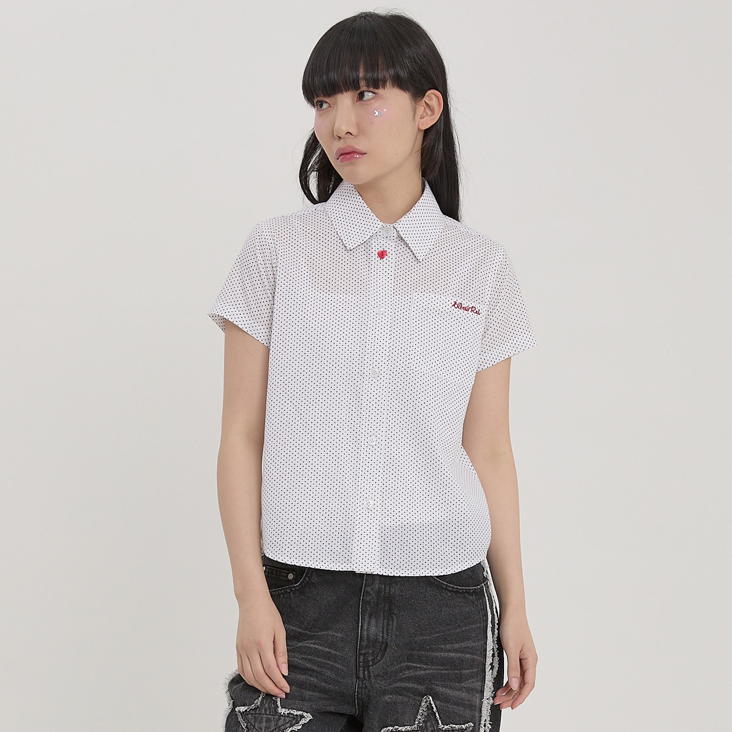 Scarf SET Dot Half Sleeve Shirt WHITE