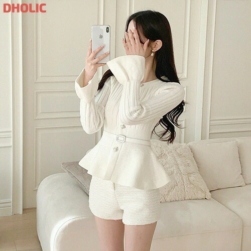 ベルト付ジュエリーボタンペプラムカーディガン