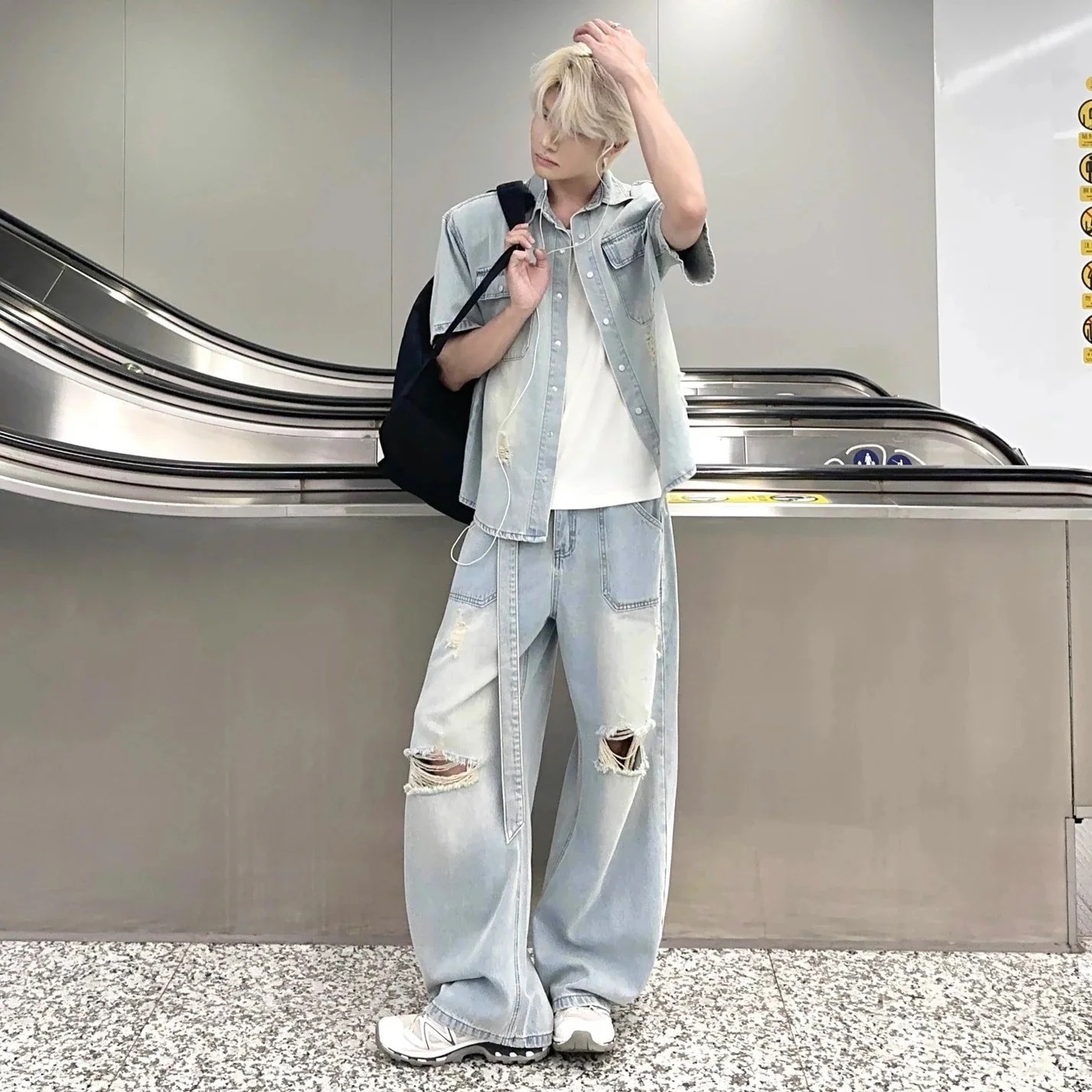 メンズ セットアップ ライトブルー 穴あき デニム シャツ セットアップ メンズ デザイン性 ストレート ワイドパンツ 夏 ツーピース
