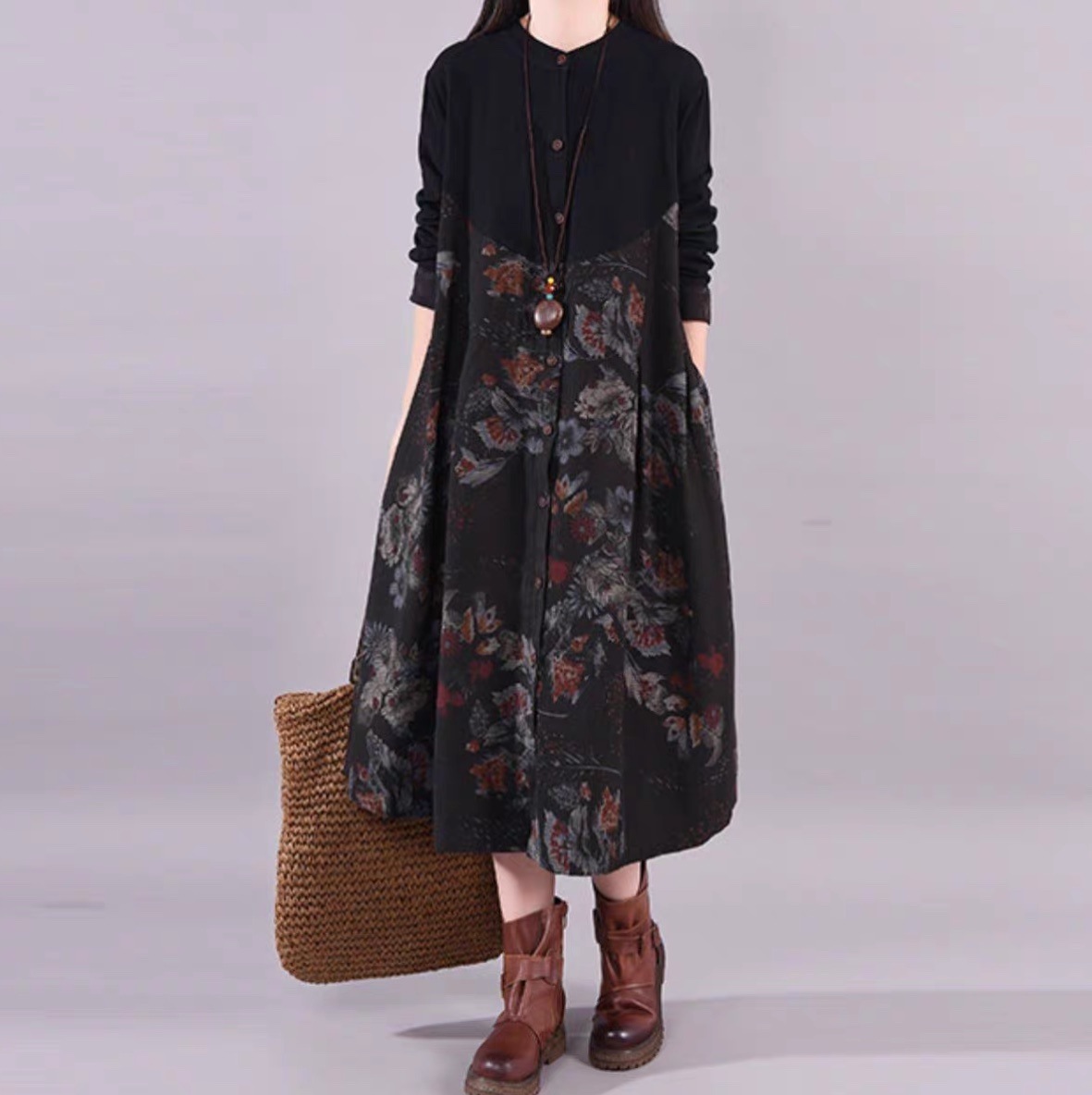 レディース ワンピース シャツワンピ フレア 膝丈 長袖 ラウンドネック 襟なし Aライン ウエストマーク ハイウエスト 切り替えデザイン ドッキング かわいい 大人可愛い 上品 レトロ こなれ感