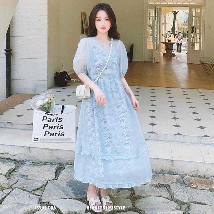 レイヤード セットアップ 2点セット ワンピース キャミワンピ フラワー 花柄 レディース 半袖 エレガント カジュアル 大人 可愛い シースルー シアー Aライン ゆったり 体型カバー ミモレ丈 青