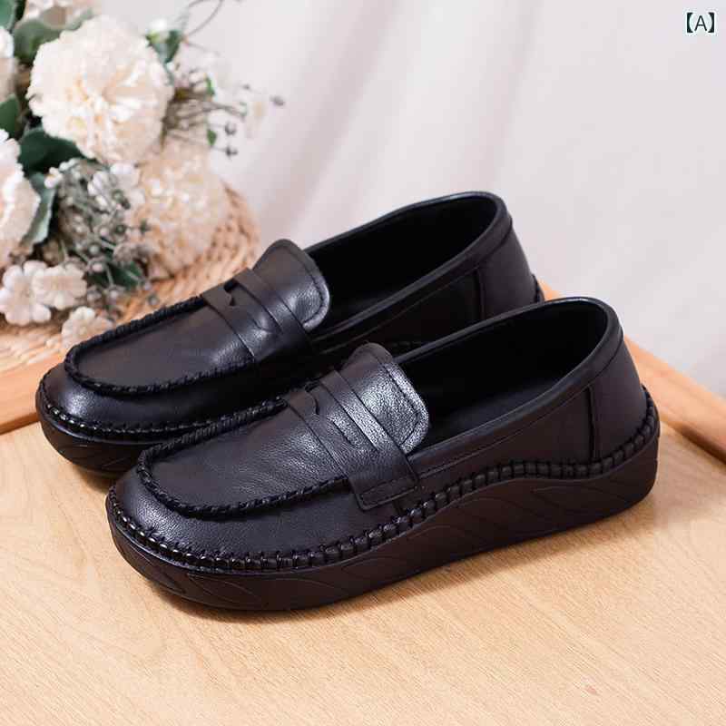 シューズ　スリッパ　カジュアル 中年 レディース 靴 秋 革 ソフト ソール レトロ シングル シューズ ママ 快適 厚底 ローファー