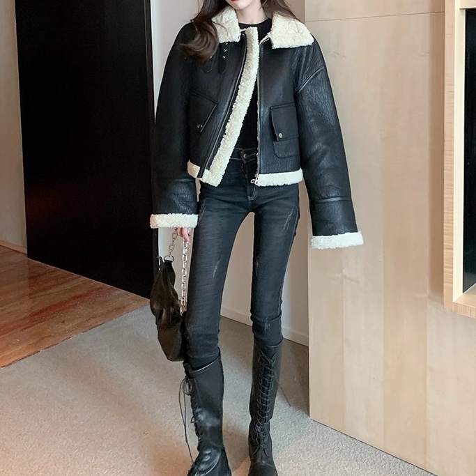 レディース アウター ジャケット レザージャケット 裏起毛 レザージャケット ショート 長袖 袖あり Vネック ハイネック 襟付き もこもこ ポケット 前開き ジッパー 大人可愛い シンプル