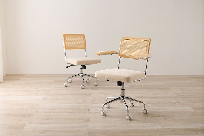 デスクチェア おしゃれ ナチュラルモダン 韓国風 ラタン調 レザー キャスター 椅子 オフィス 回転 昇降 高さ調整