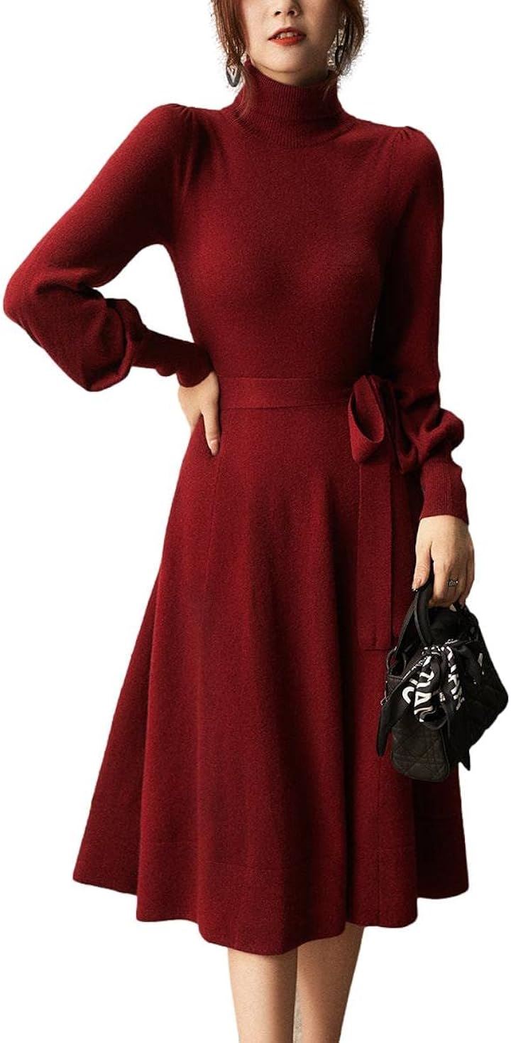 ウエストリボン ニットワンピース ミディ丈 タートルネック パフスリーブ Aライン リブ袖 きれいめ 体型カバー あったかい ゆったり 着やせ 袖コンシャス( ワインレッド, M)