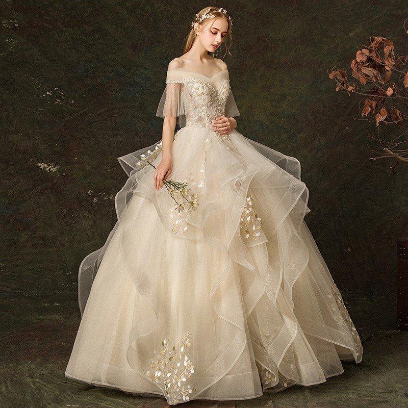 ウェディングドレス 2色 袖あり 結婚式 花嫁 ロングドレス ブライダル 二次会 パーティードレス 披露宴 プリンセスドレス シャンパン ホワイト 大きいサイズ-733