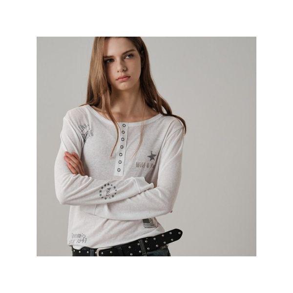 JR2TSF022 女性専用リネンレタリングヘンリーネックTシャツ_P423480993
