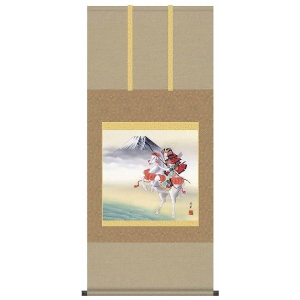 掛け軸/節句画/武者兜/白馬武者/野川秀華/曉山会/洛彩緞子本表装/尺五サイズ幅54.5cm/桐箱畳紙収納/表装品質十年保証/端午の節句掛軸 初節句 こどもの日