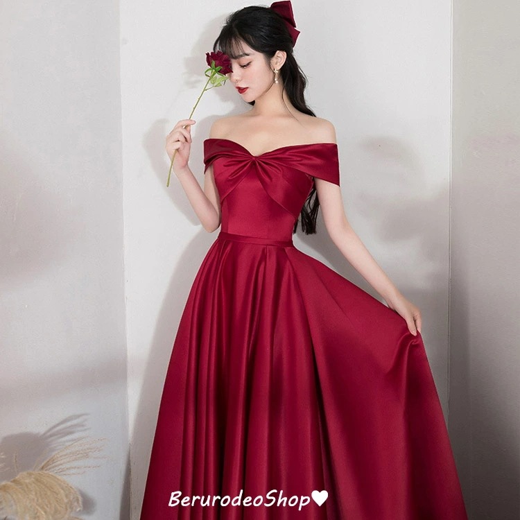 結婚式ドレス ワイン赤 二次会ドレス オフショルダー イブニングドレス サテン ドレス リボン オシャレ ロングドレス ワインレッド Vネック ゲストドレス パーティードレス ロング丈 Aライン