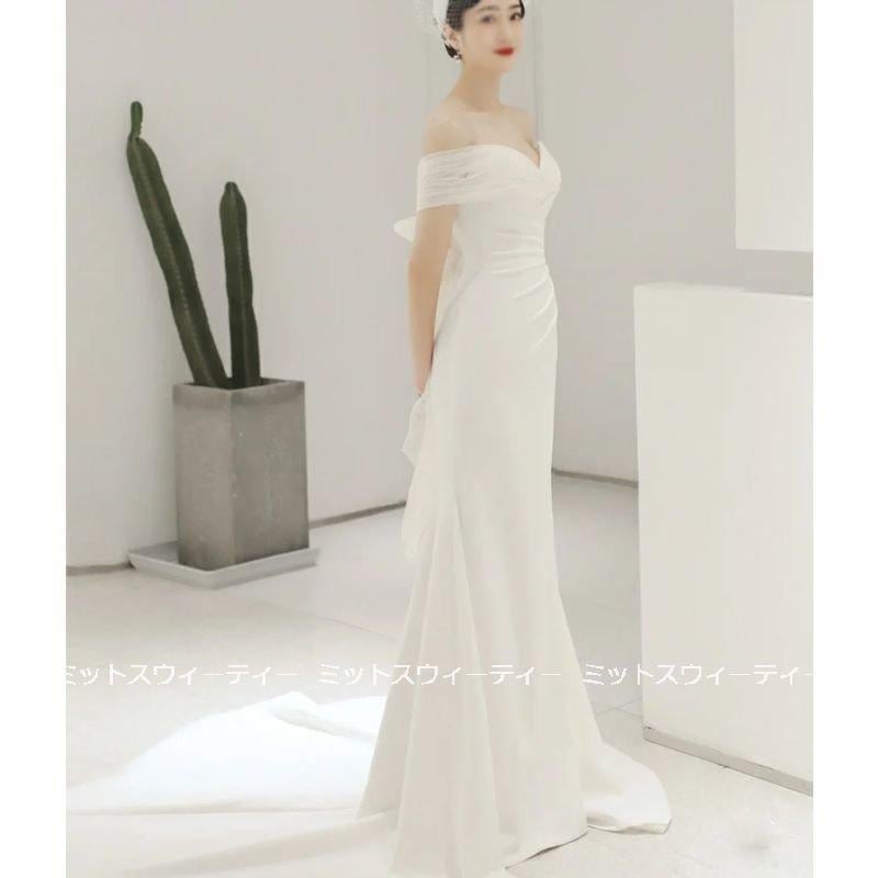 韓国ファッション前撮り スレンダードレス ウエディングドレス 二次会 ウェディングドレス 花嫁 エレガント パーティー 結婚式 ロングドレス オフショルダー リゾート トレーン 15,837円