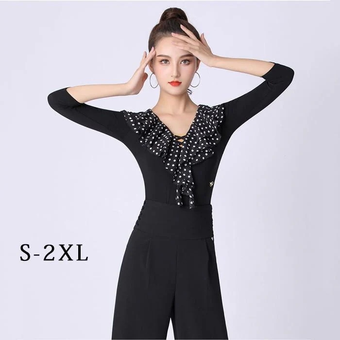 社交ダンス トップス レオタード 股下ホック 水玉 長袖 透け感 フリル 胸パッド付き ラテン モダン タンゴ サンバ ダンスウェア ブラック S-2XL