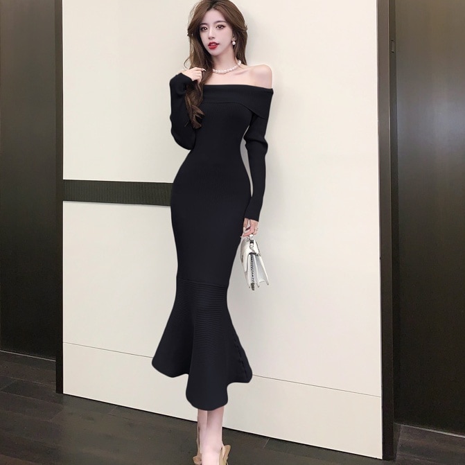ワンピース ミモレ丈ワンピース ニットワンピース 長袖 オフショルダー マーメードスカート タイト かわいい 大人可愛い きれいめ シンプル 上品 おしゃれ かっこいい カジュアル こなれ感 個性的