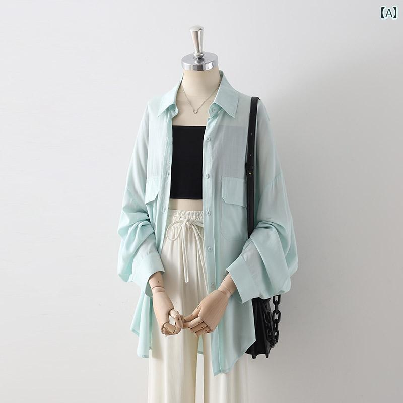 レディース オーバーシャツ ブラウス 長袖 通気性 夏 薄手アウター 薄青緑 白 パフスリーブ シンプル 日焼け防止 紫外線対策 ダブルポケット リネン風 透け感 シャツ襟 シングルブレスト