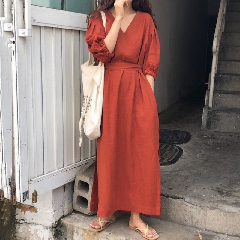 2色 ワンピース 半袖 春夏 カジュアル ロング aライン シャツワンピース aライン Aライン フレア ロング ロング丈 マキシ マキシ丈 7分丈 ミディアム丈 ミドル丈 レギュラー丈 五分袖 ぽわ