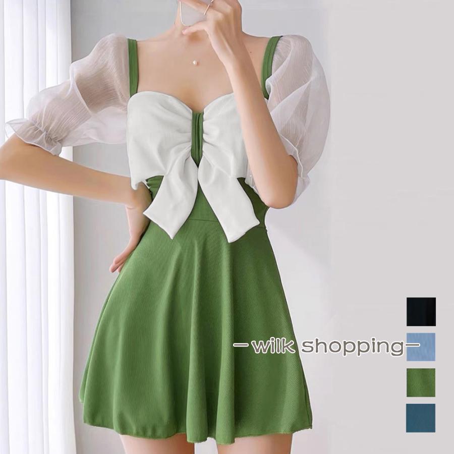 水着 体型カバー リボン ワンピース水着