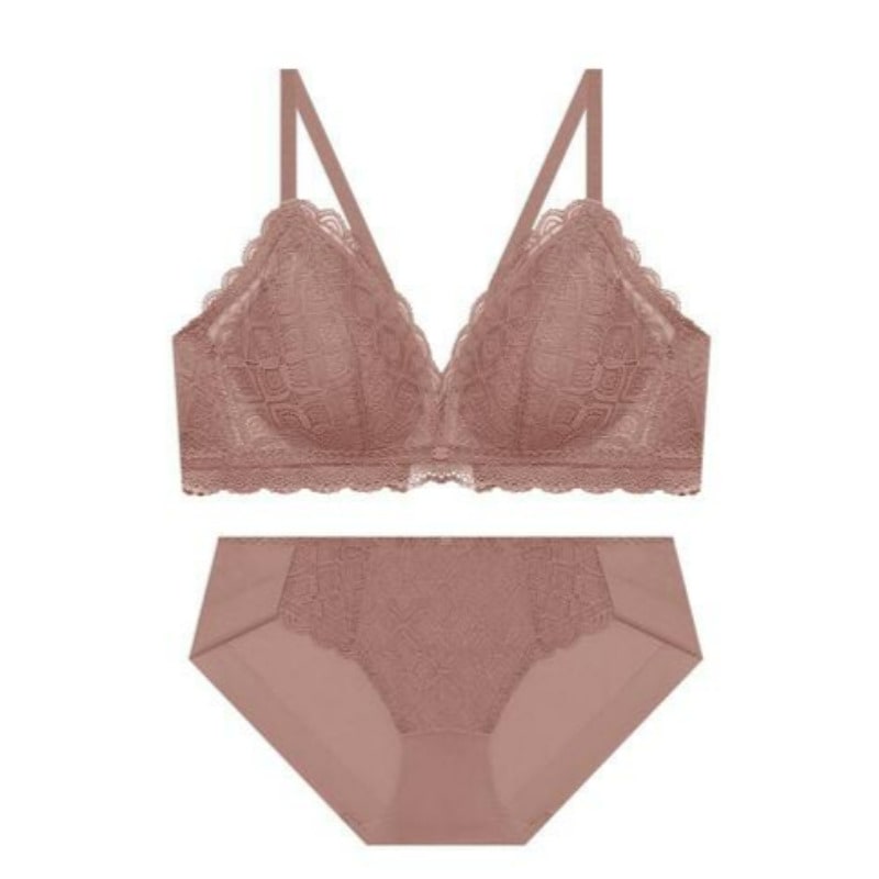 モダン レース トライアングル ブラ パンツ セット - ローズブラウン L 100