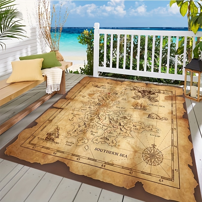 カーペット ヴィンテージ調 海賊 宝の地図 ユニーク レトロ調 おしゃれ かわいい マット ラグ 200cm x 150cm 滑り止め 絨毯 じゅうたん 4-7