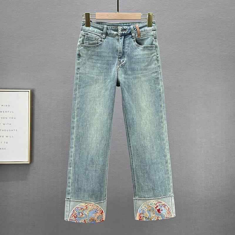 レディース ファッション カジュアル おしゃれ 中国 刺繍 ジーンズ 春 ハイウエスト スリム ストレート シガレットパンツ