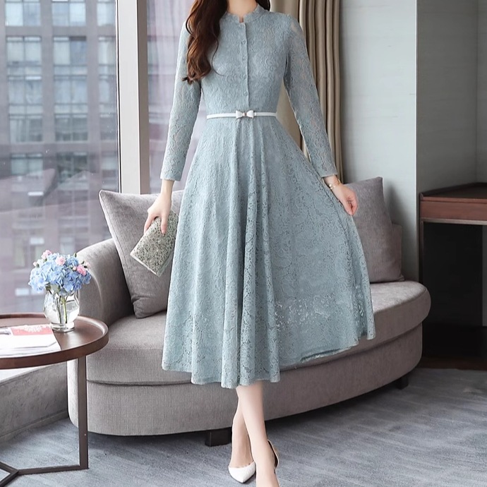 レディース ワンピース ドレス 膝下 ミモレ ロング 長袖 スタンドカラー セミフレア Aライン フェミニン レース ベルト ウエストマーク ウエストリボン 透け感 ベルト付き 大人可愛い きれいめ