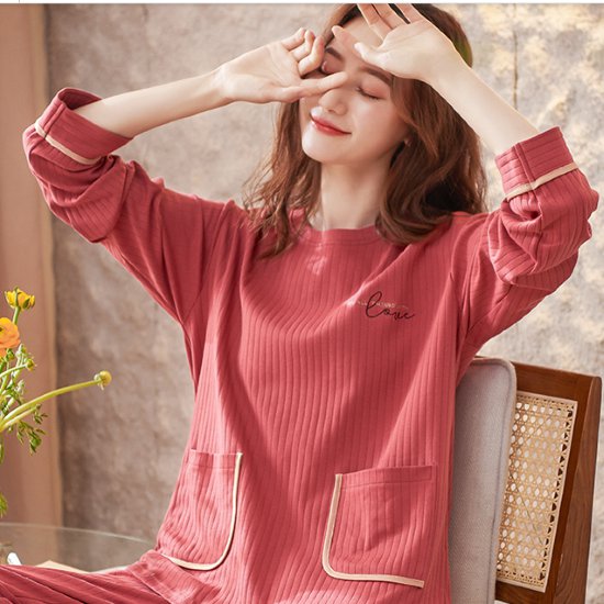 ルームウェア レディース パジャマ 上下セット 2点セット プルオーバー 長袖長ズボン ラウンドネック ポケット リラックス 寝巻き 部屋着 おうち服 春秋 コットン 綿 ホームウェア