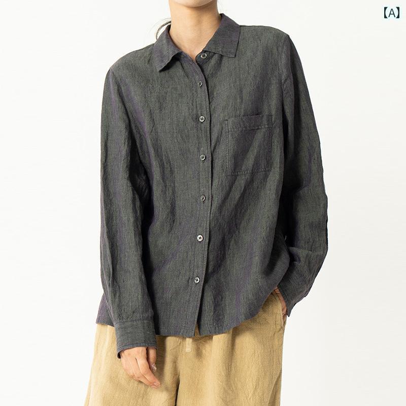 レディース　　シャツ　トップス 西 和 洗い 加工 二 色 糸 先 染め 防水 リネン 文様 カジュアル シャツ 女性用