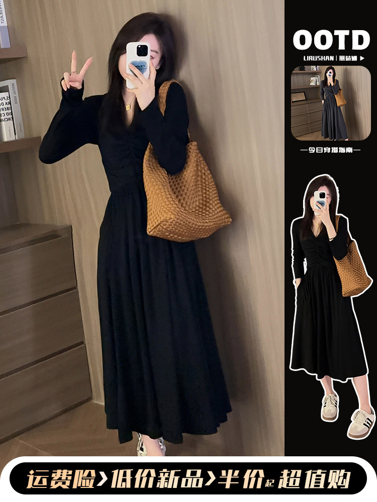 ヘップバーンスタイルフレンチブラック長袖ドレスサブ初秋2023新しい女性の小さなロングドレスシニアセンス