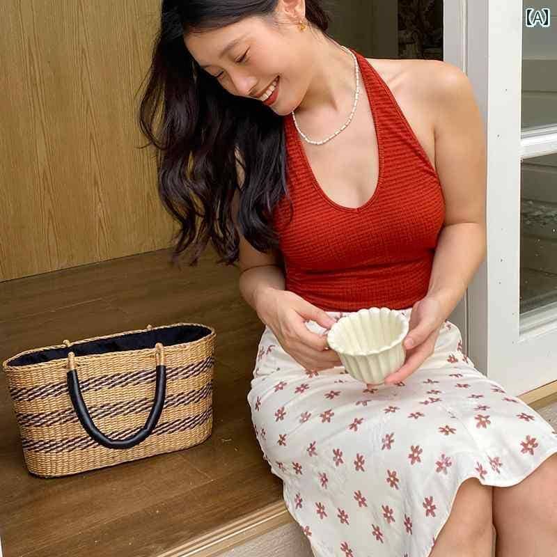 ホルターネック レディース トップス ホルターネック レディース トップス うーん かゆい フランスの レトロ ホルターネック ベスト 女性 夏 優雅 背中の 開いた ショート トップ 胸 パッド 付