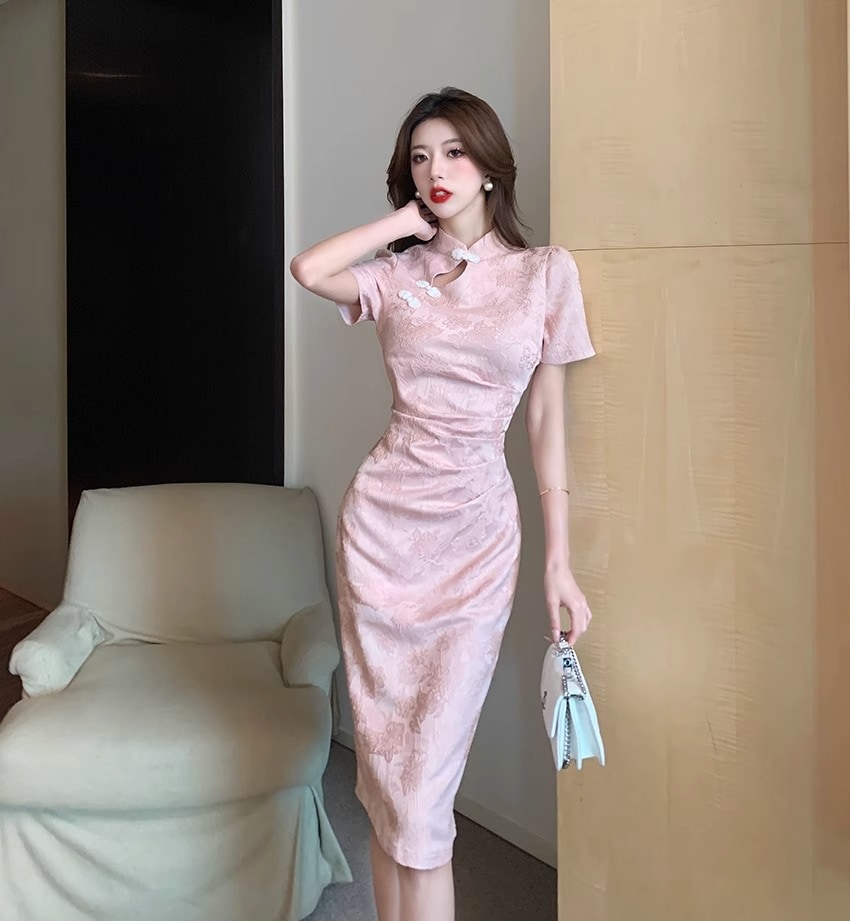 韓国版新中国式チャイナドレスドレスプリーツ半袖ワンピース