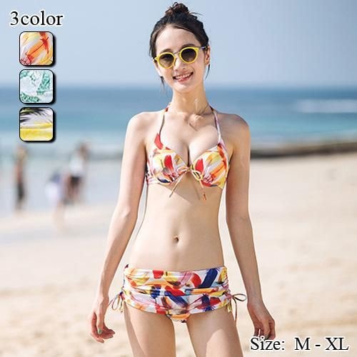 【グラシア】 水着 セット水着 レディース ビーチウェア スイムウェア 流行 海 プール オフショル ギャザー ブライトカラー 上向きバスト スリーピース 媚びない魅力 パッド ふっくら ホルターネッ