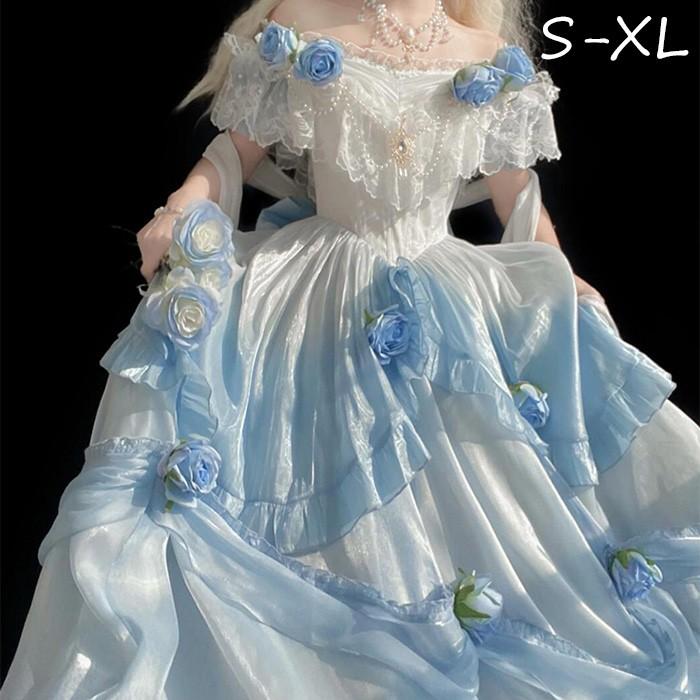 ワンピース ロリータ Lolita ブルー 成人式 パフスカート S M L XL おしゃれ コスプレ お嬢様 パーティー プレゼント イブニングドレス レディース
