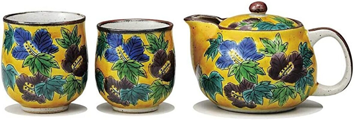 九谷焼　くつろぎ揃（ポット急須＆湯呑セット）吉田屋芙蓉(網付)K5-591[夫婦湯呑組湯呑]