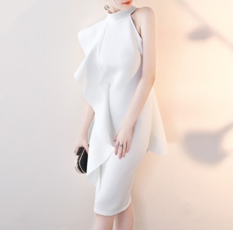 パーティードレス ワンショルダー ホルターネック エレガント フリル タイト 無地 膝丈 ノースリーブ 結婚式 二次会 お呼ばれ ワンピース フォーマル 2018年新作 婚活パーティー 披露宴