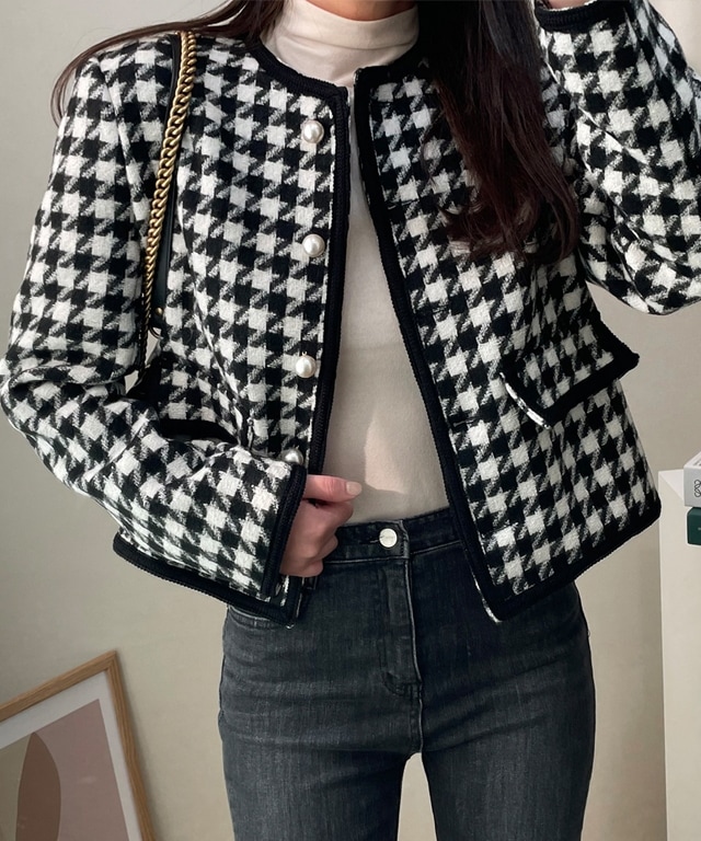 女子 冬 ハウンド チェック ノーカラー 真珠 ボタン ラウンドネック パターン ポイント ジャケット 6,955円