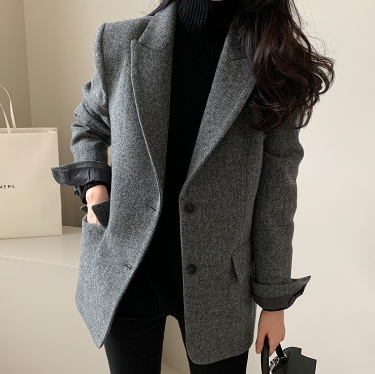 ウールジャケット グレー ブラウン 韓国 レディース オルチャン ジャケット 上着 スーツ 長袖 Vネック 襟付き ポケット コンサバ きれいめ シンプル 上品 おしゃれ