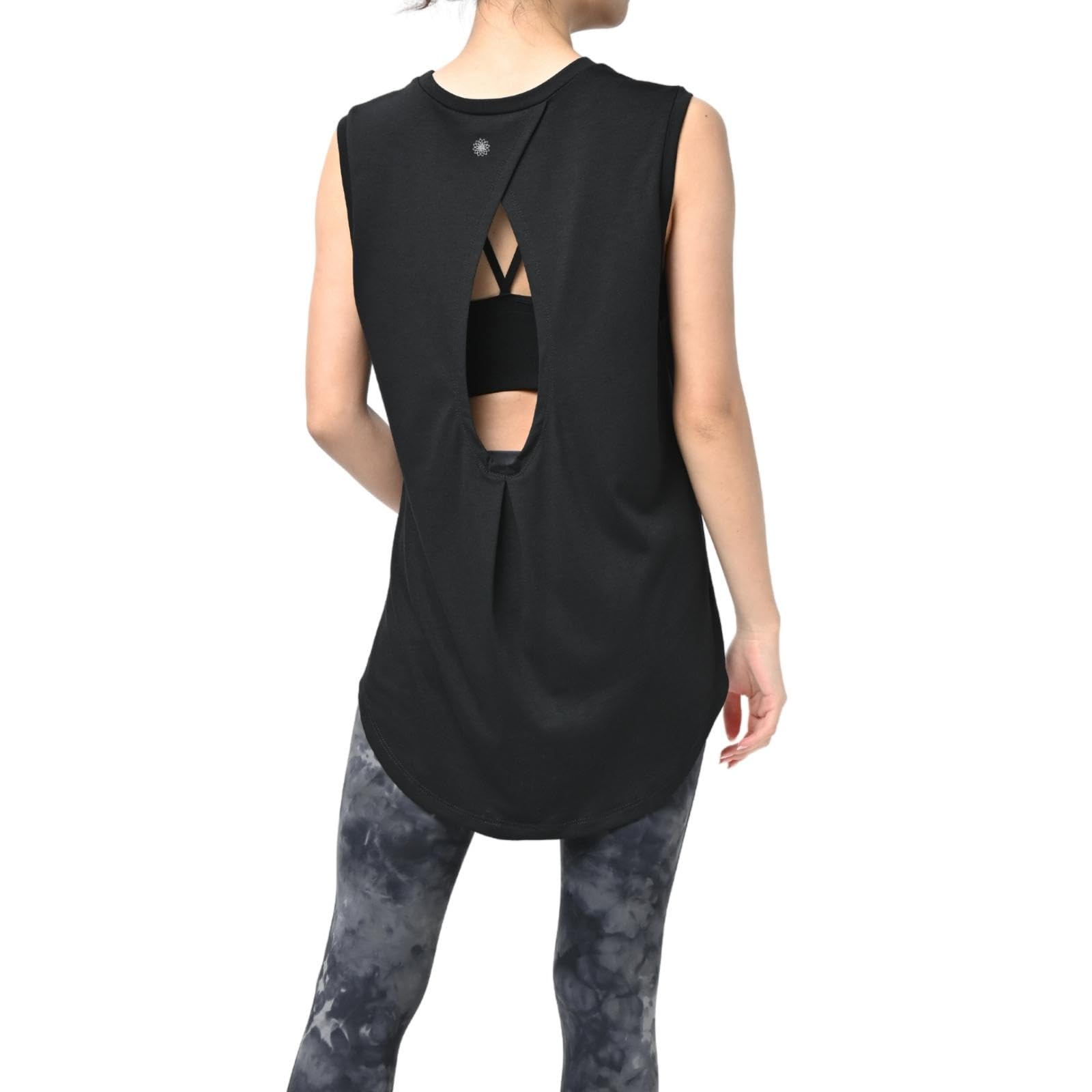 [machikaada] ヨガウェア レディース トップス タンクトップ ロング丈 丈長 体型カバー バックデザイン ストレッチ おしゃれ かわいい ブランド 631 (ブラック, Ｆ)