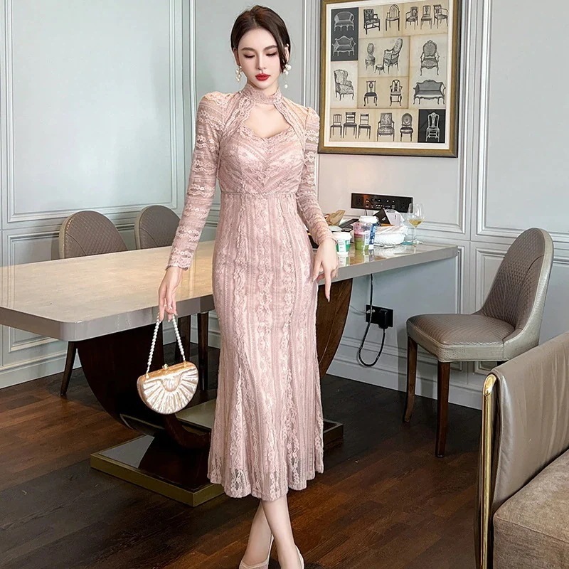 パーティードレス気質 ウエスト引き締め レース セクシー おしゃれ 演奏会 二次会 ワンピース 春冬 長袖