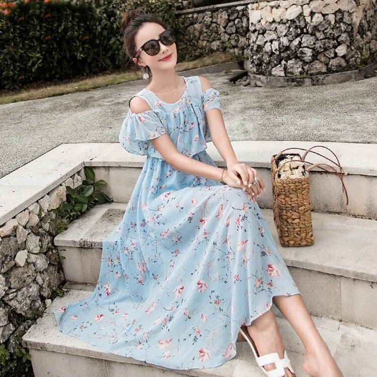 レディース 40代 マキシ 春夏 半袖 花柄 肩あき シフォンフレアスカート オシャレ韓版風 お出かけ 大人 結婚式ドレス 30代