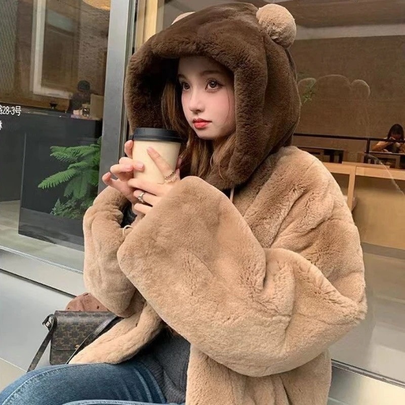 毛皮コートファージャケット レデイース 冬 超保温 フード付きコート 韓国ファッション 可愛いふわふわ アウター 百掛け 厚手 冬ジャケット 毛皮アウター 学生 通学 通勤30%までに制限