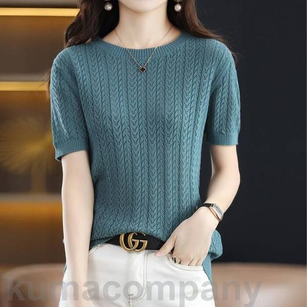 トップス ニット カットソー サマーニット レースニット 透かし編み エレガント レディース きれいめ カジュアル おしゃれ 半袖 大人 可愛い フェミニン クルーネック シンプル パープル ブルー